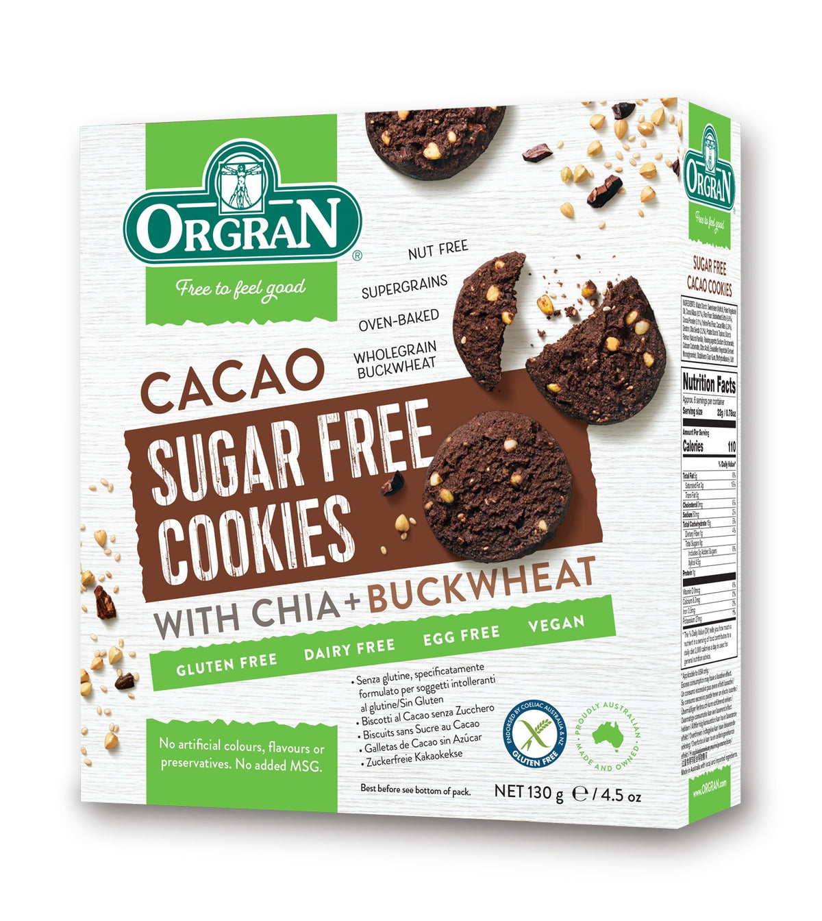 Orgran Gluten Free Cookies Sugar Free Cacao 130g