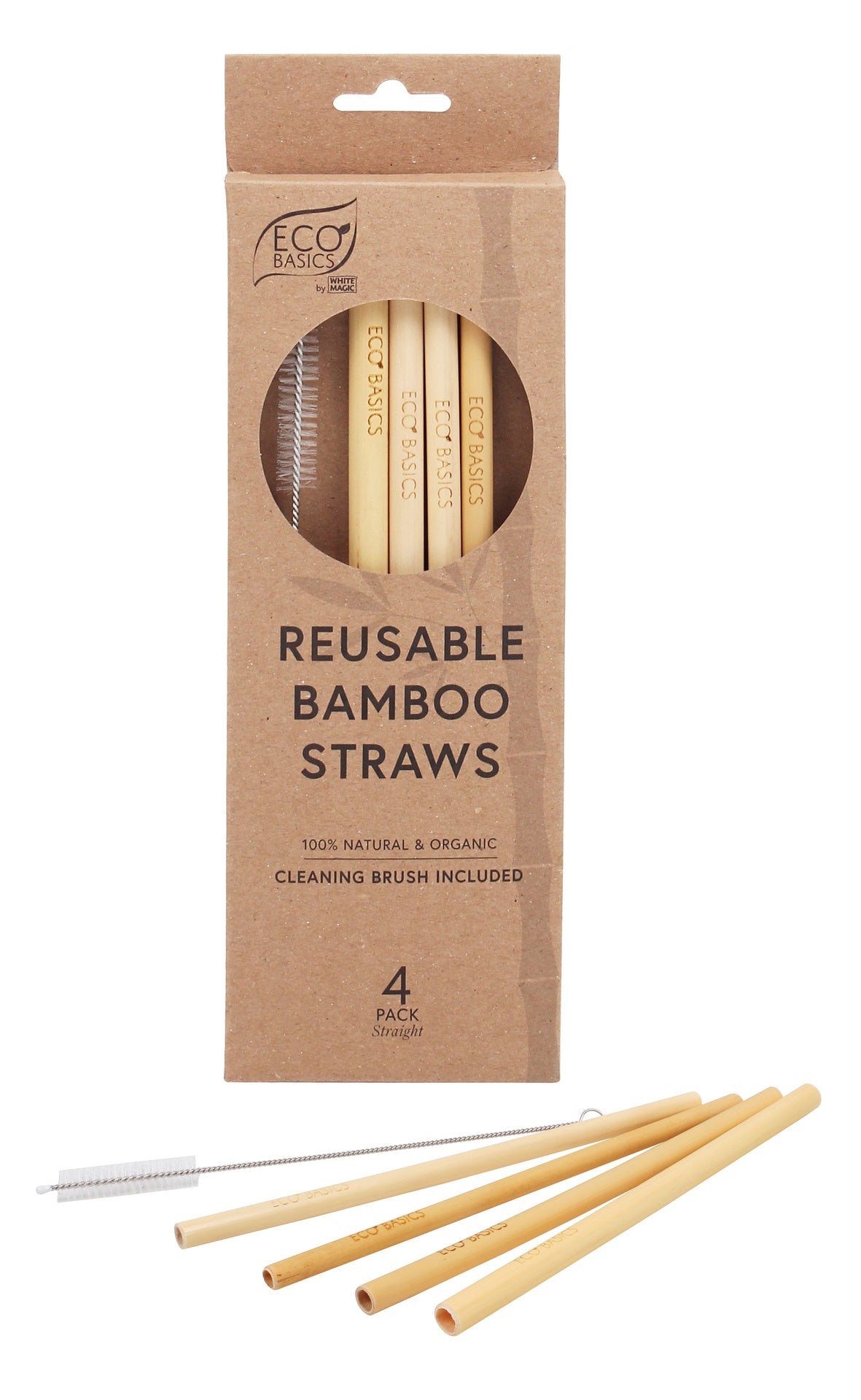 White Magic Reusable Bamboo Straws + Brush 4Pk