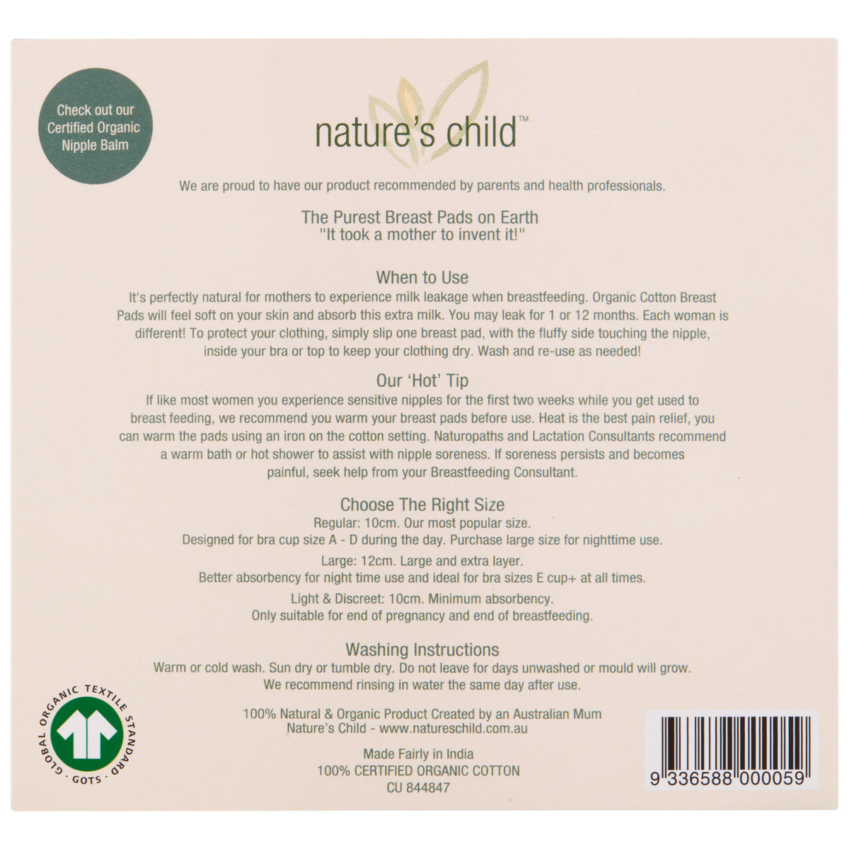 Nature&#39;s Child Reusable Breast Pads Organic Night/ Large 6pk