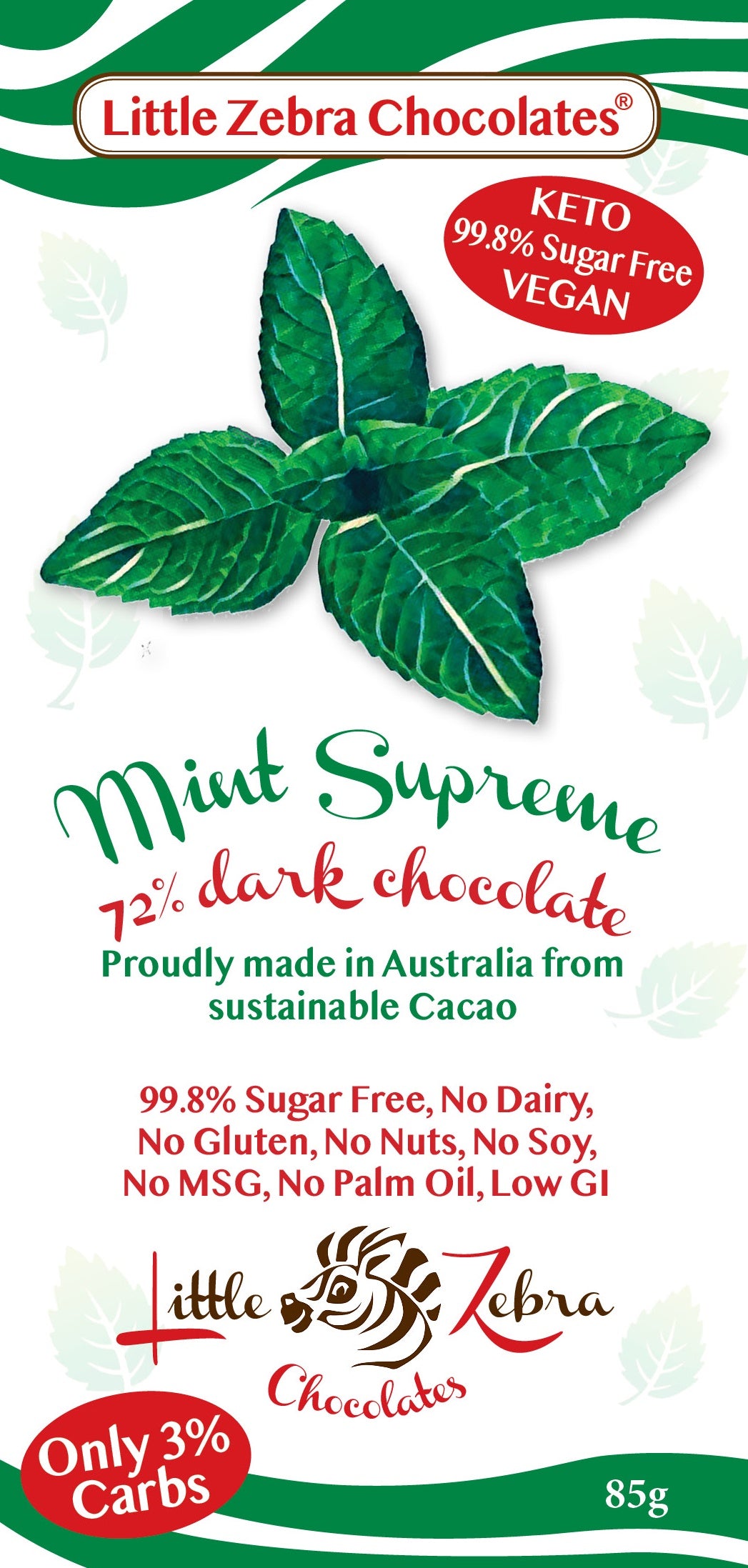 Little Zebra Chocolates Mint Supreme 72%Dark Chocolate 85g