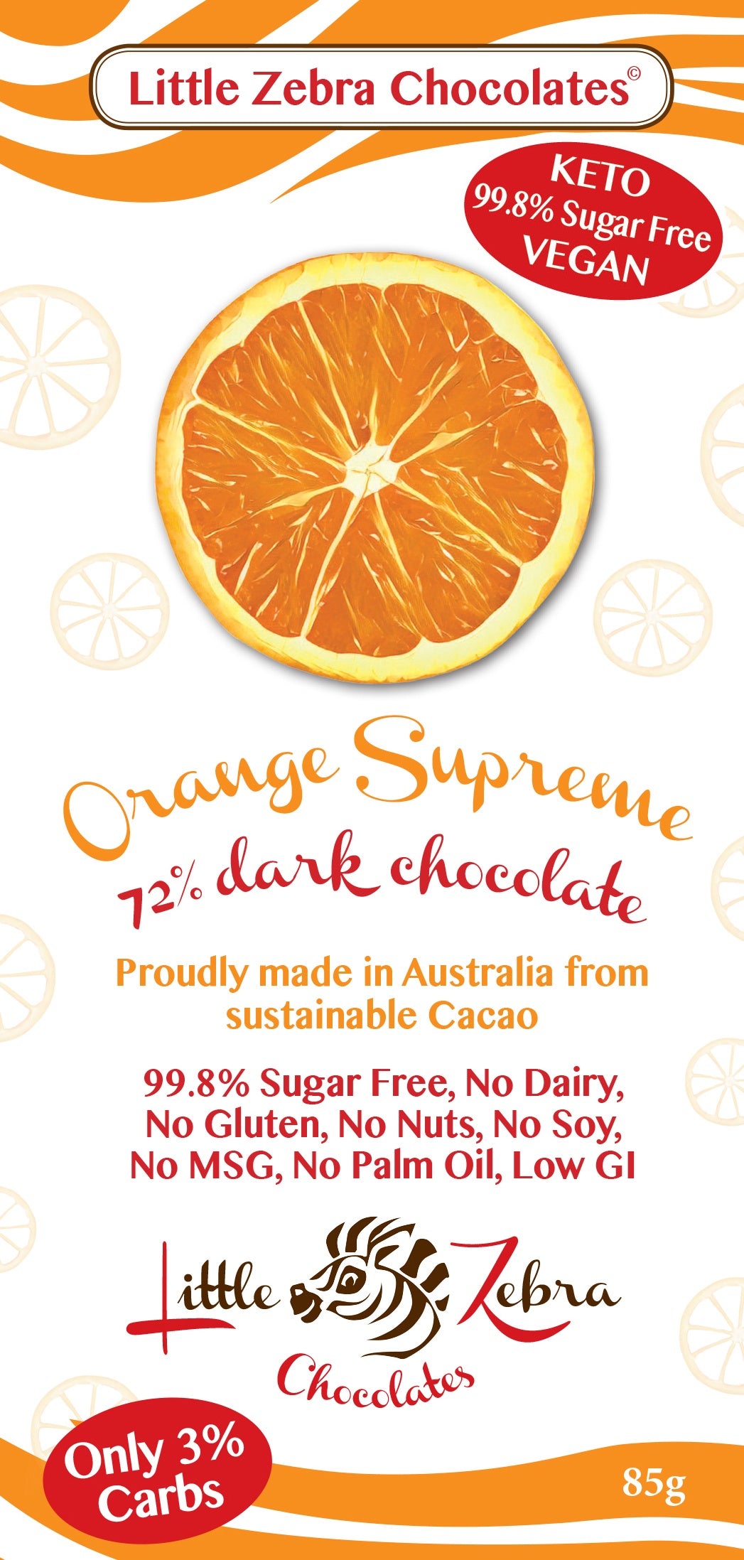 Little Zebra Chocolates Orange Supreme 72% Dark Choc 85g