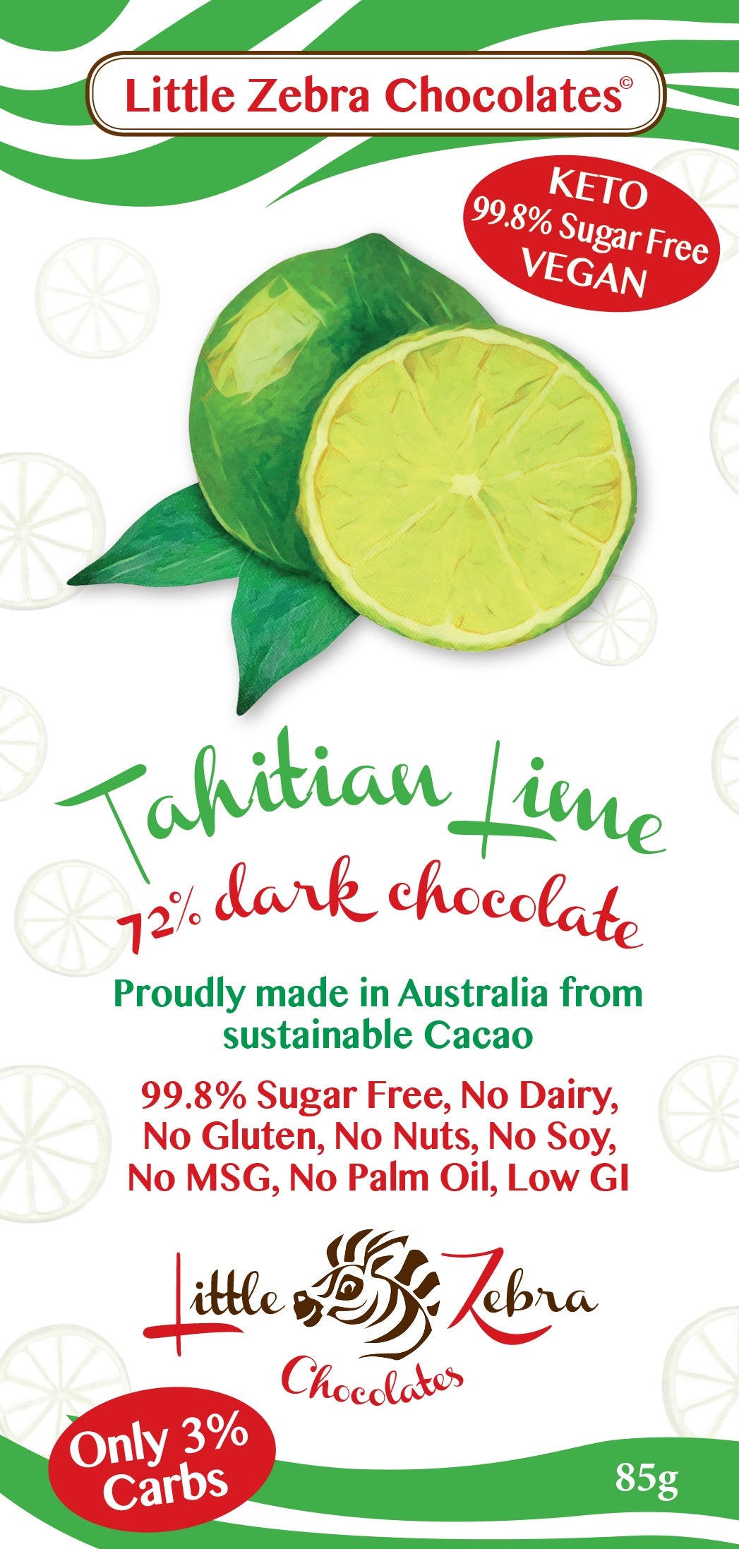 Little Zebra Chocolates Tahitian Lime 72% Dark Choc 85g