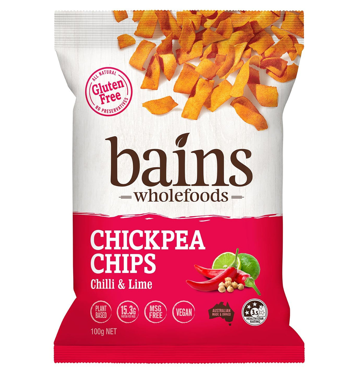 Bains Wholefoods Chickpea Chips Chilli &amp; Lime 100g